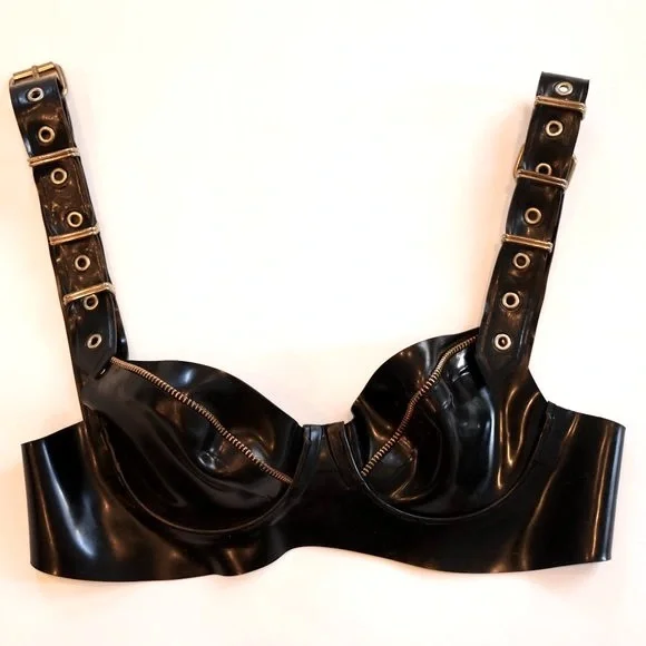 Latex Bra with Heavy Gold Hardware + Zip Buckle Design, 32B - Black - Custommade - Picture 1 of 6